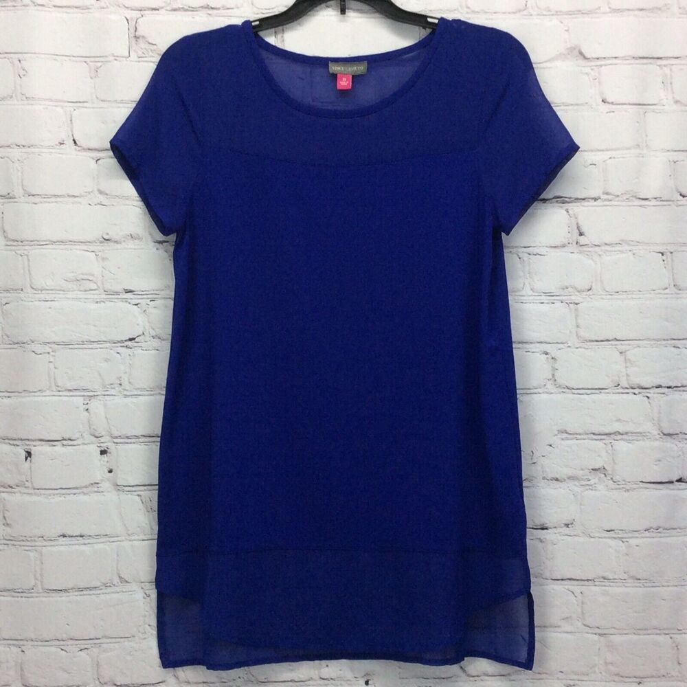 Vince Camuto Tunic Top Women's Size XS Blue Cap Sleeve Sheer Paneled High-Low